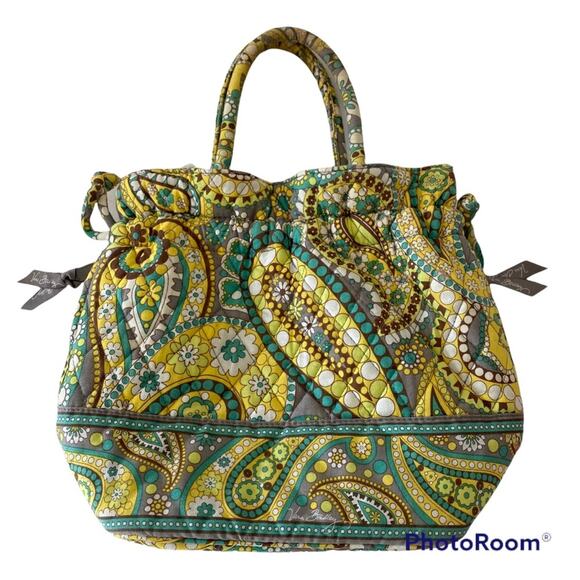 Vera Bradley Lemon Parfait Quilted Drawstring Bag Paisley Double Handle - Picture 1 of 6